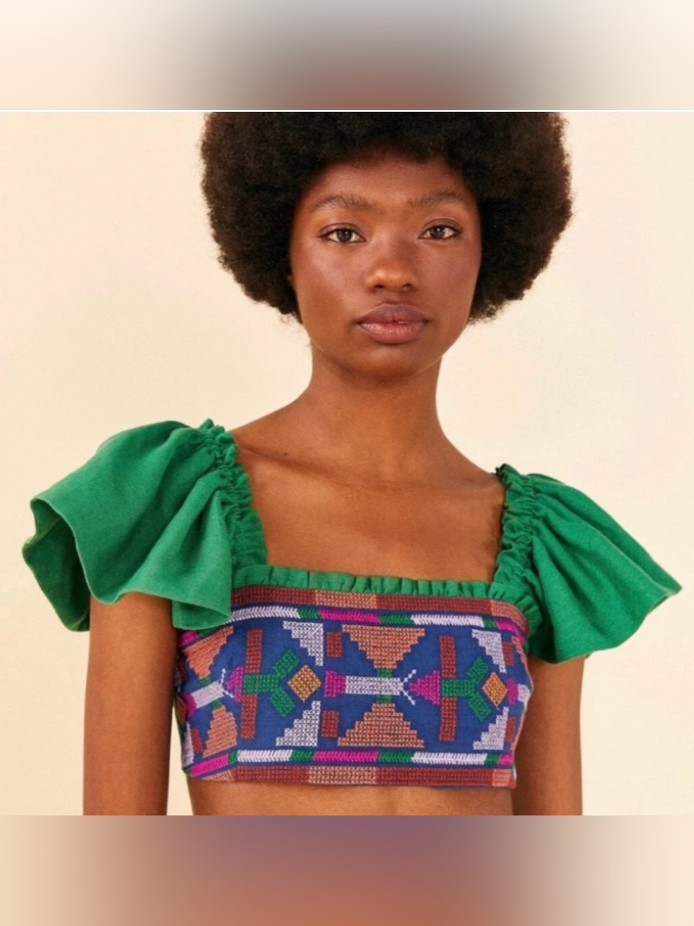 NWT FARM RIO EMBROIDERED GREEN LINEN BOHO SMOCKED FLUTTER SLEEVE CROP TOP  XL